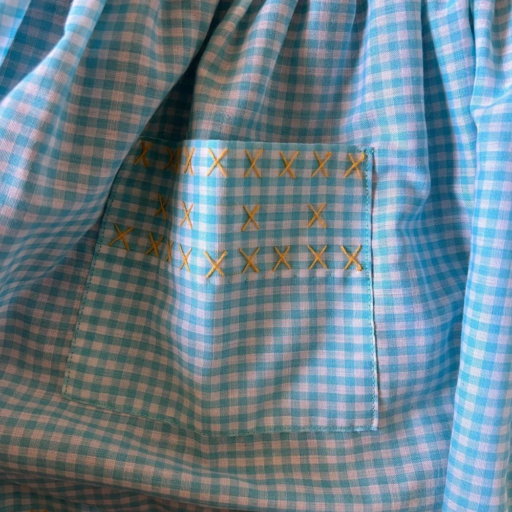 Vintage 70s handmade apron Blue‎ Gingham Retro Cottagecore smocking hostess